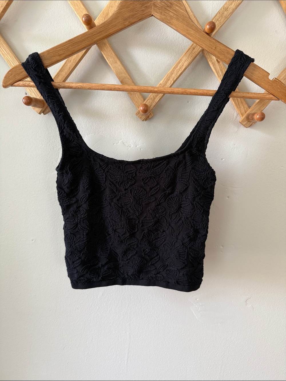 Free People Black Textured Floral Crop Tank Brami M/S Scoop Neck Stretch